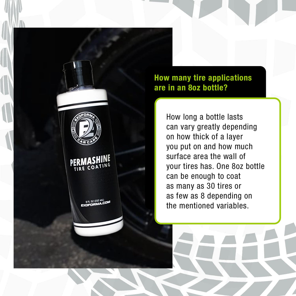 ExoForma PermaShine on a parked car tire illustrating showroom-ready finish