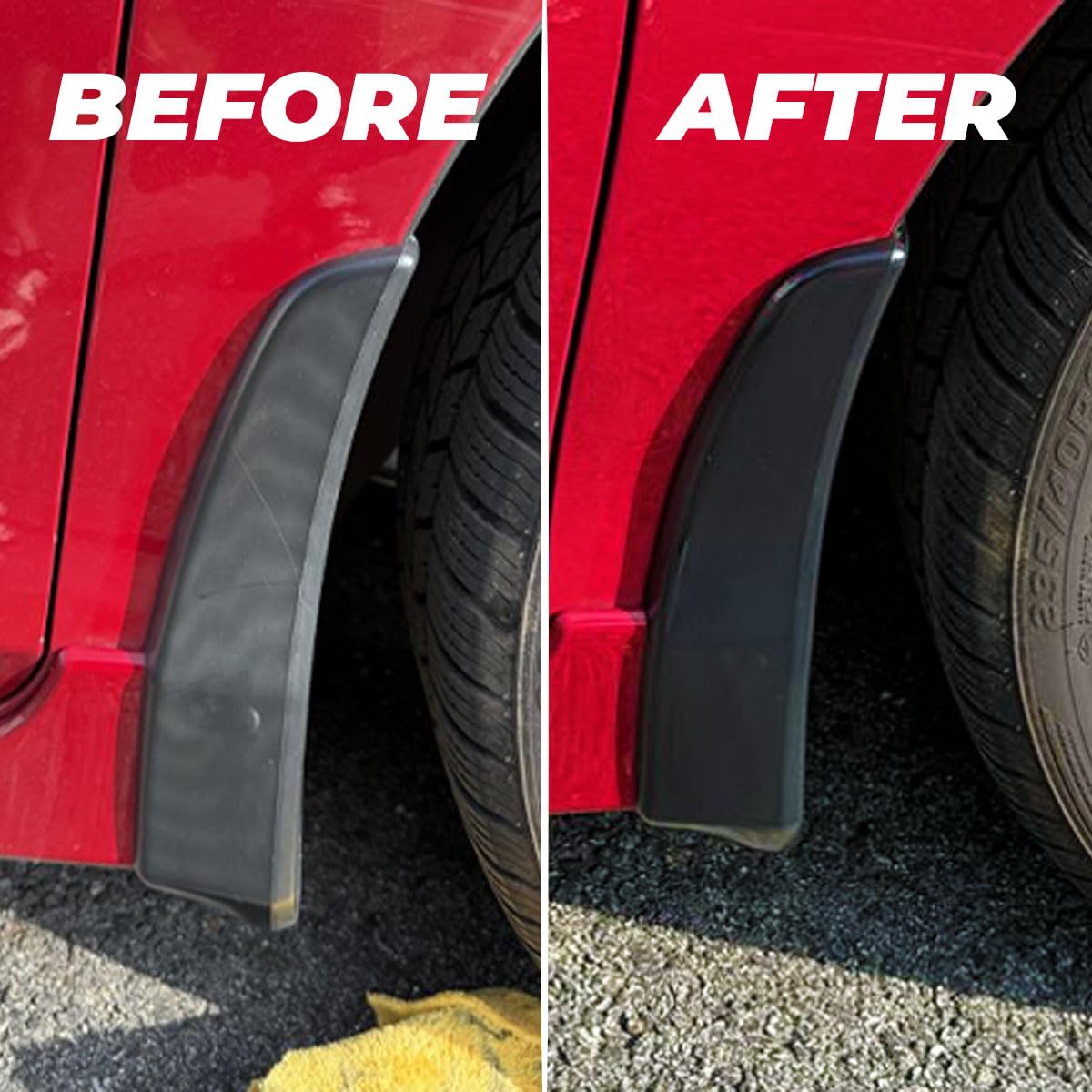 ExoForma before and after bumper comparison showing deep black restoration