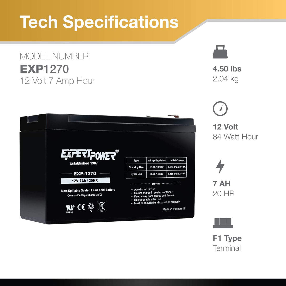 ExpertPower EXP1270 side view with dimensions for confirming fit in battery compartments