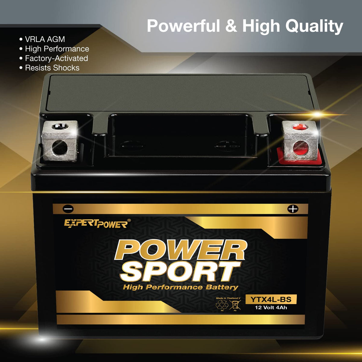 ExpertPower label and specs close-up showing 12V 4Ah and 120 CCA performance