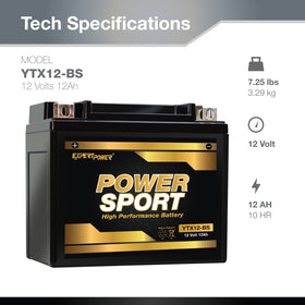 ExpertPower YTX12-BS top terminals close-up showing standard [+ -] terminals for quick install