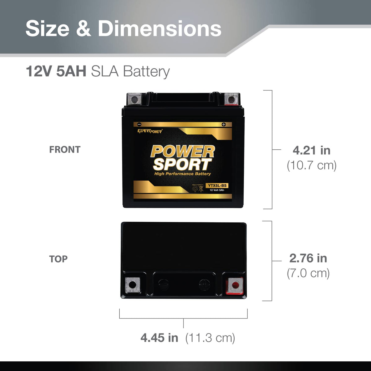 ExpertPower YTX5L-BS side showing exact dimensions for fit verification