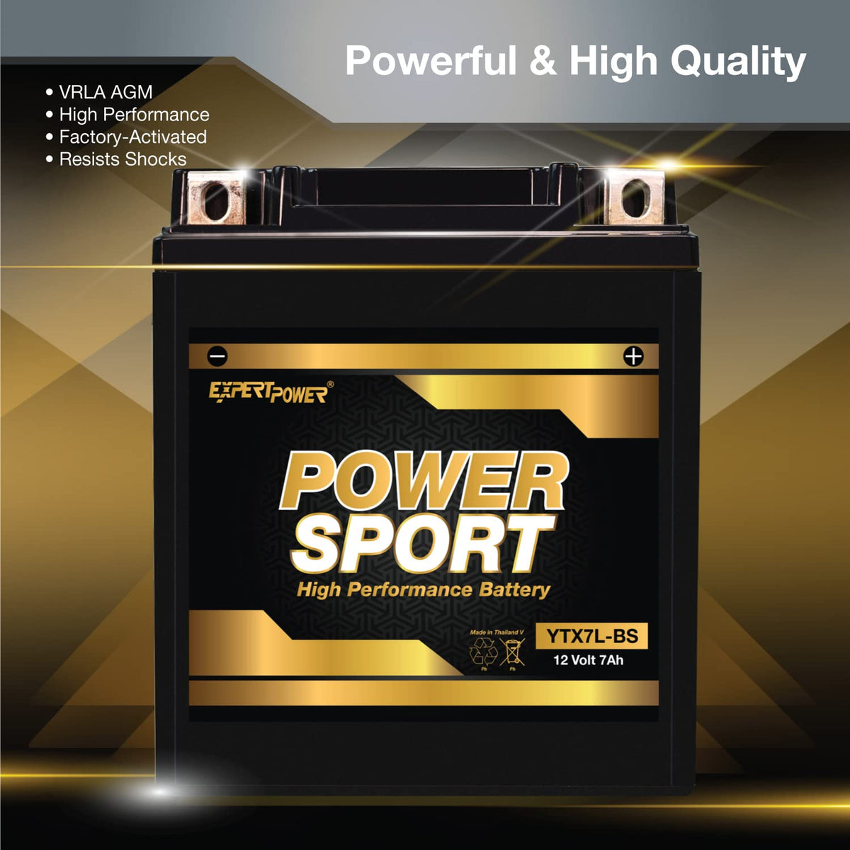 ExpertPower label detail showing model, voltage and factory-charged status