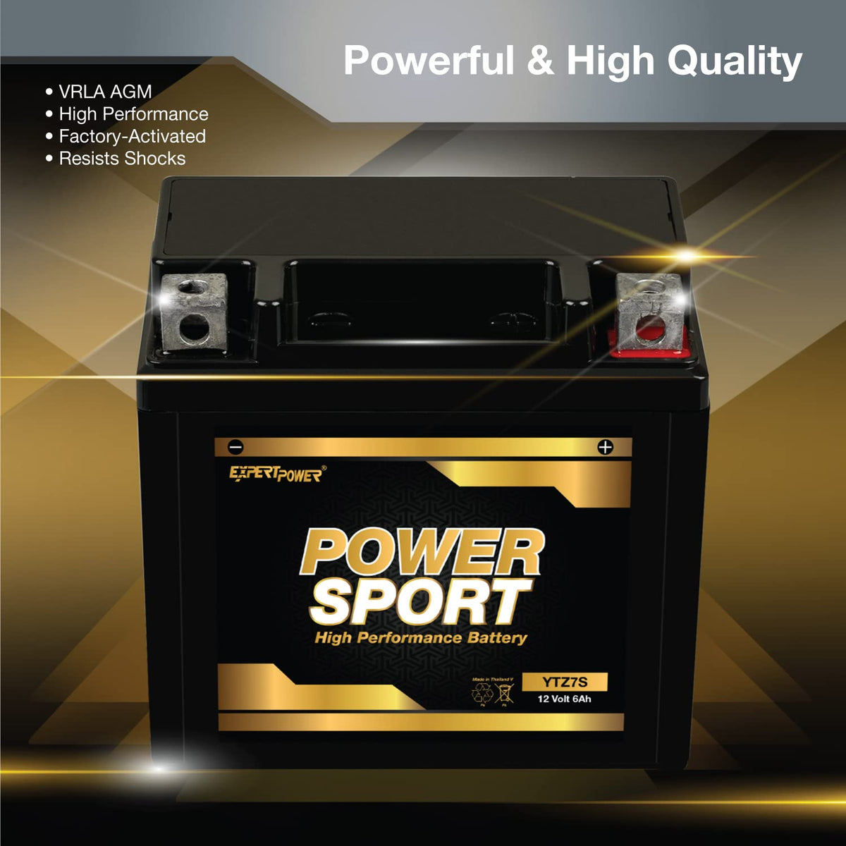 ExpertPower YTZ7S label close-up showing specs and maintenance-free AGM benefit
