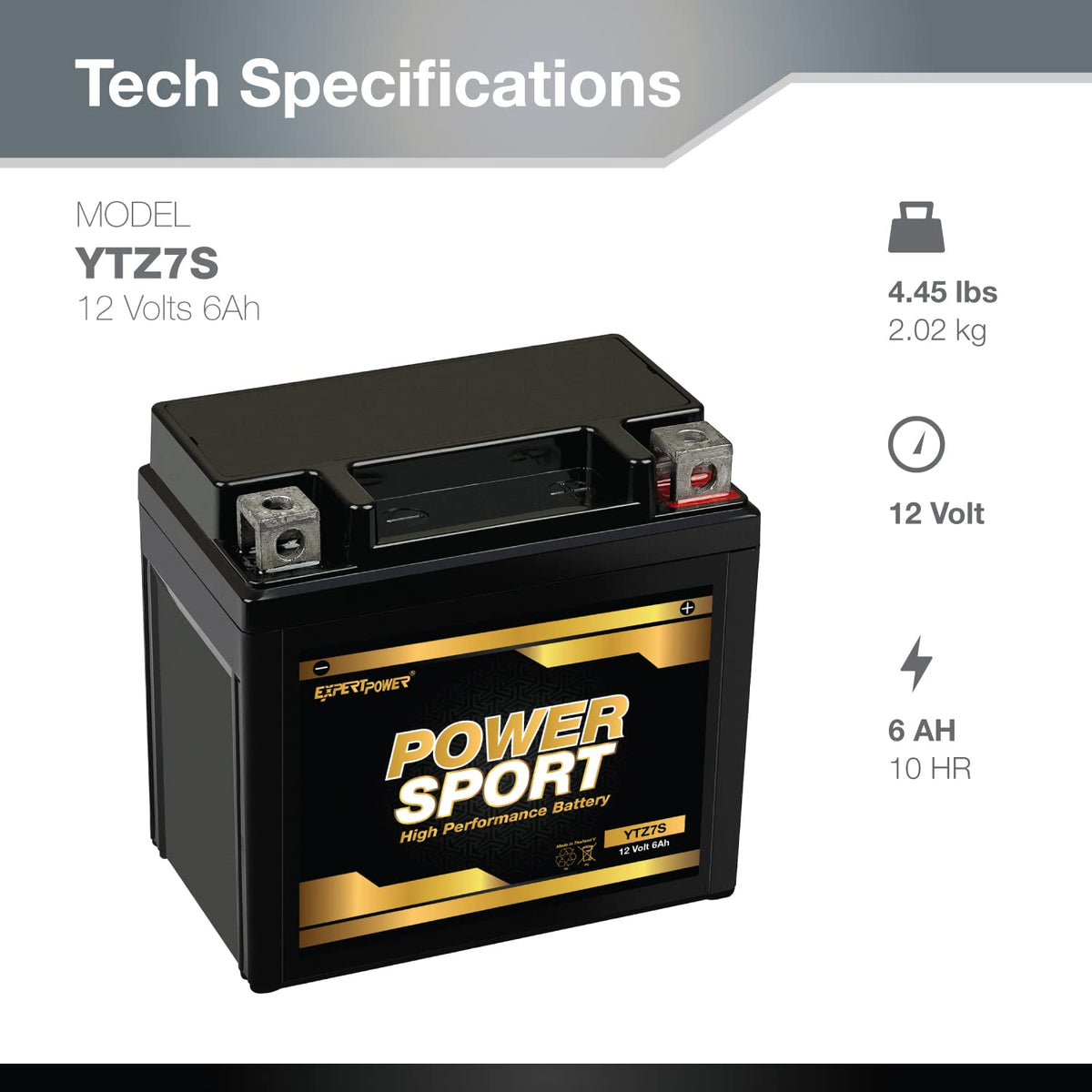 ExpertPower YTZ7S side dimensions illustrating compact fit for tight battery trays
