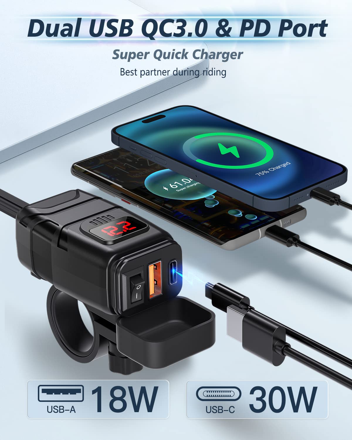 EXTRACTME close-up of USB-C USB-A ports and voltmeter for fast charging