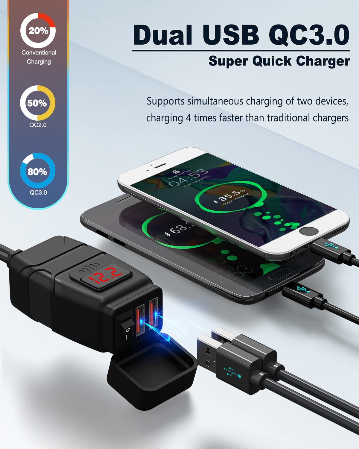 EXTRACTME close-up of USB ports and Quick Charge marking ensures fast device top-up
