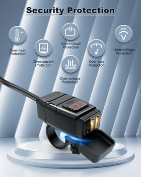 EXTRACTME mounted on a motorcycle handlebar demonstrating secure in-ride charging