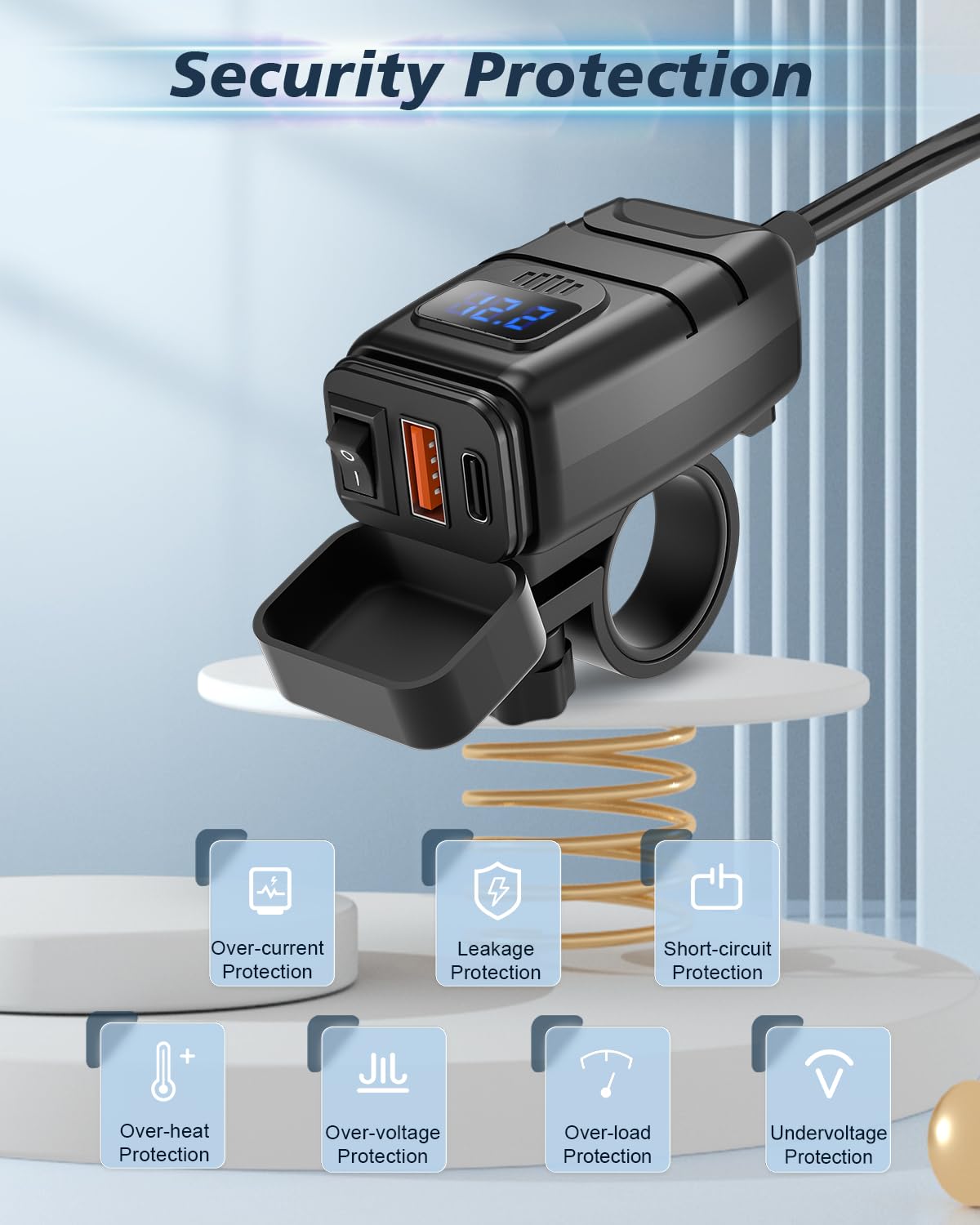 EXTRACTME mounted on motorcycle handlebar during ride, convenient charging benefit
