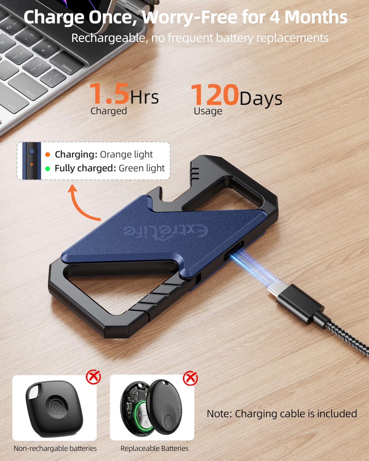 ExtreLife charging USB‑C port and LED indicating straightforward recharging
