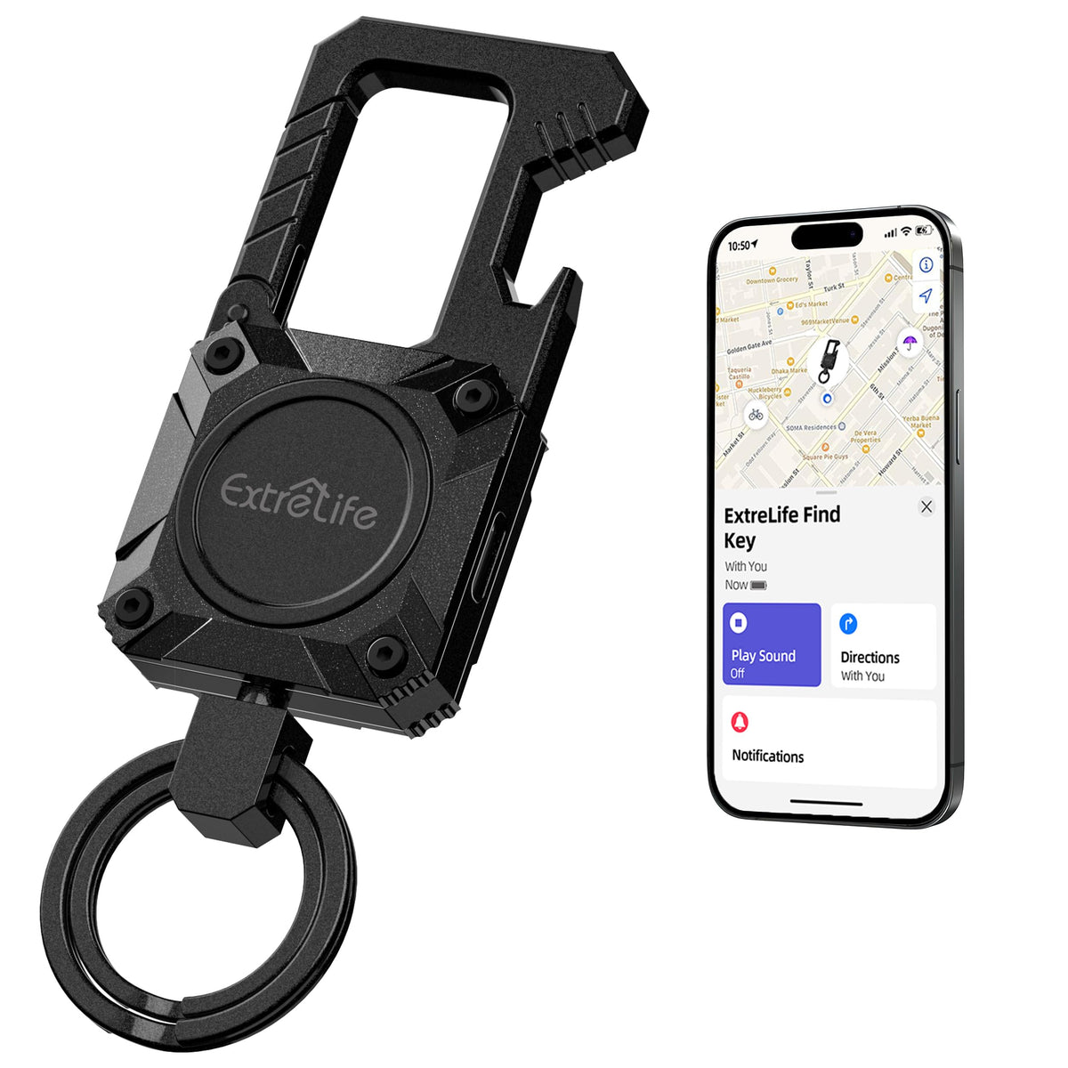 ExtreLife front view showing tracker and carabiner, useful for daily carry