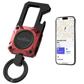 ExtreLife keychain front view showing red finish and brand, easy identification benefit