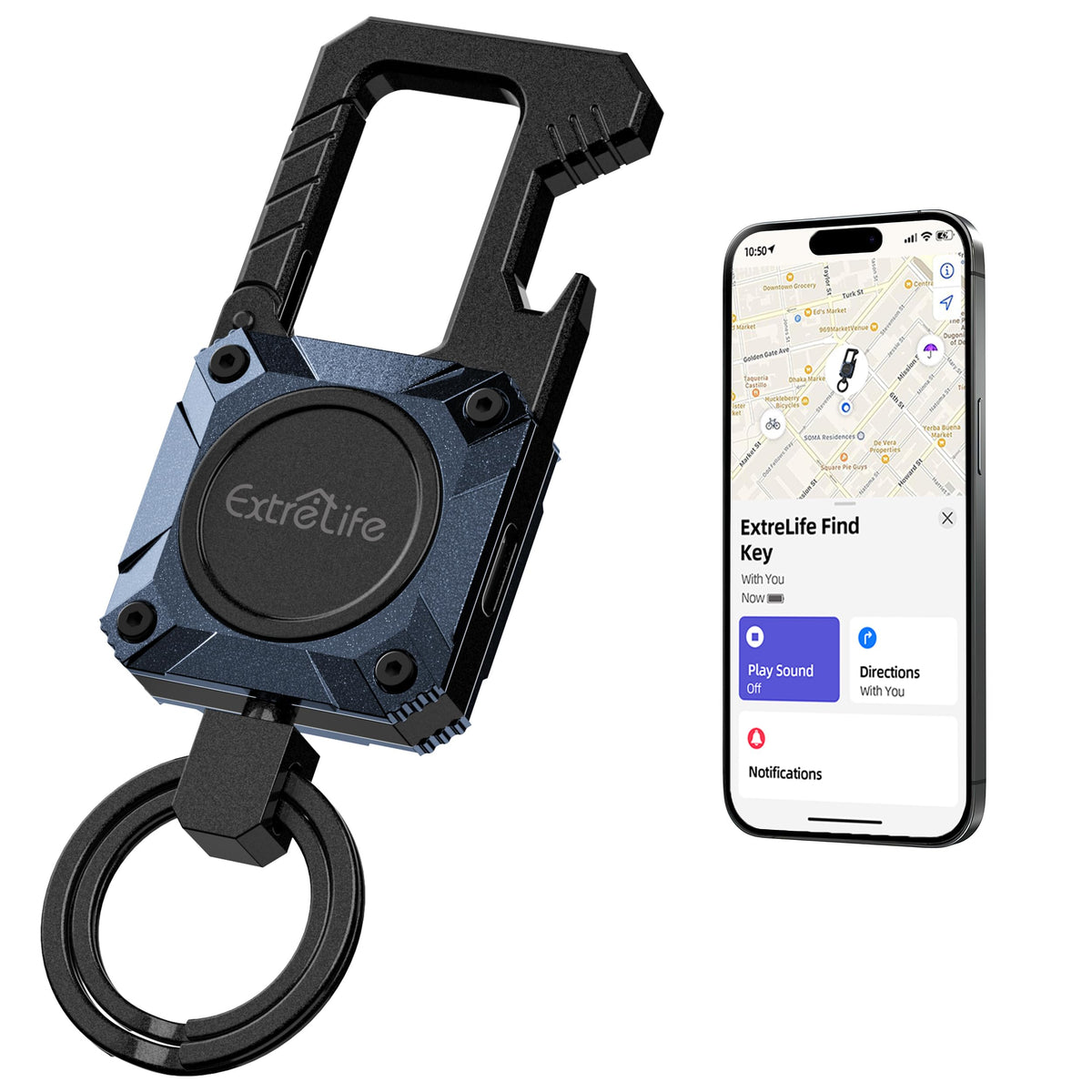 ExtreLife front view blue keychain showing durability and tracking benefit