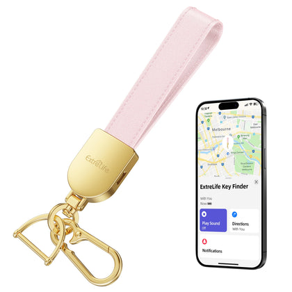ExtreLife front view showing leather keychain and tracker, clear identification benefit