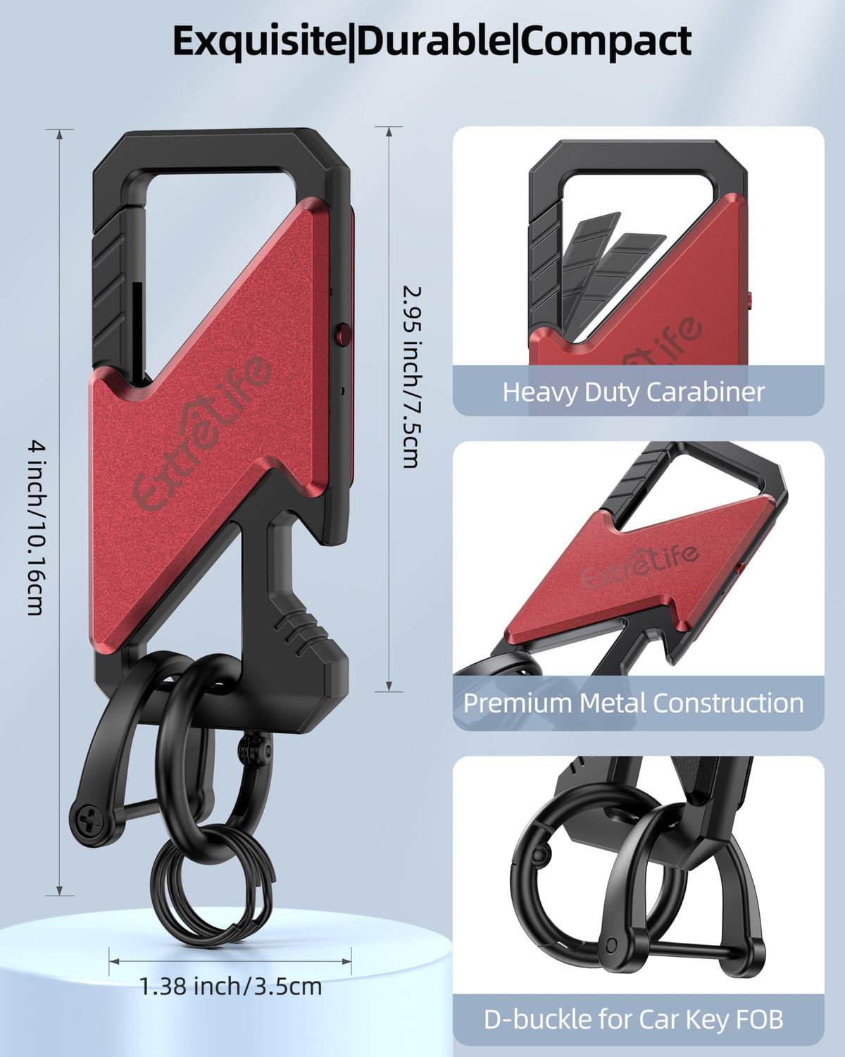 ExtreLife keychain clipped to backpack carabiner for secure attachment while traveling