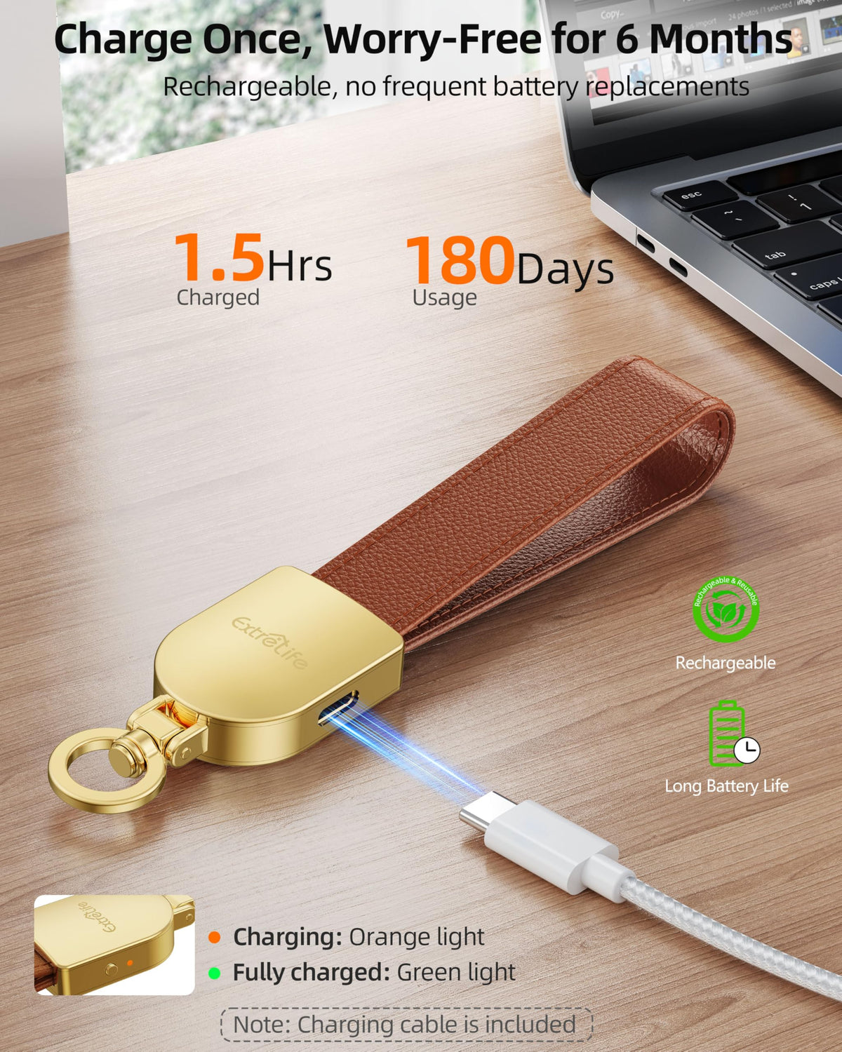 ExtreLife keychain with Type-C cable showing included charging accessory and convenience benefit