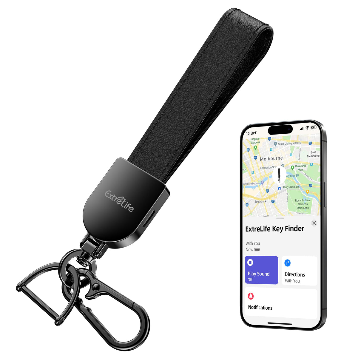 ExtreLife keychain front view showing design and tracking benefit
