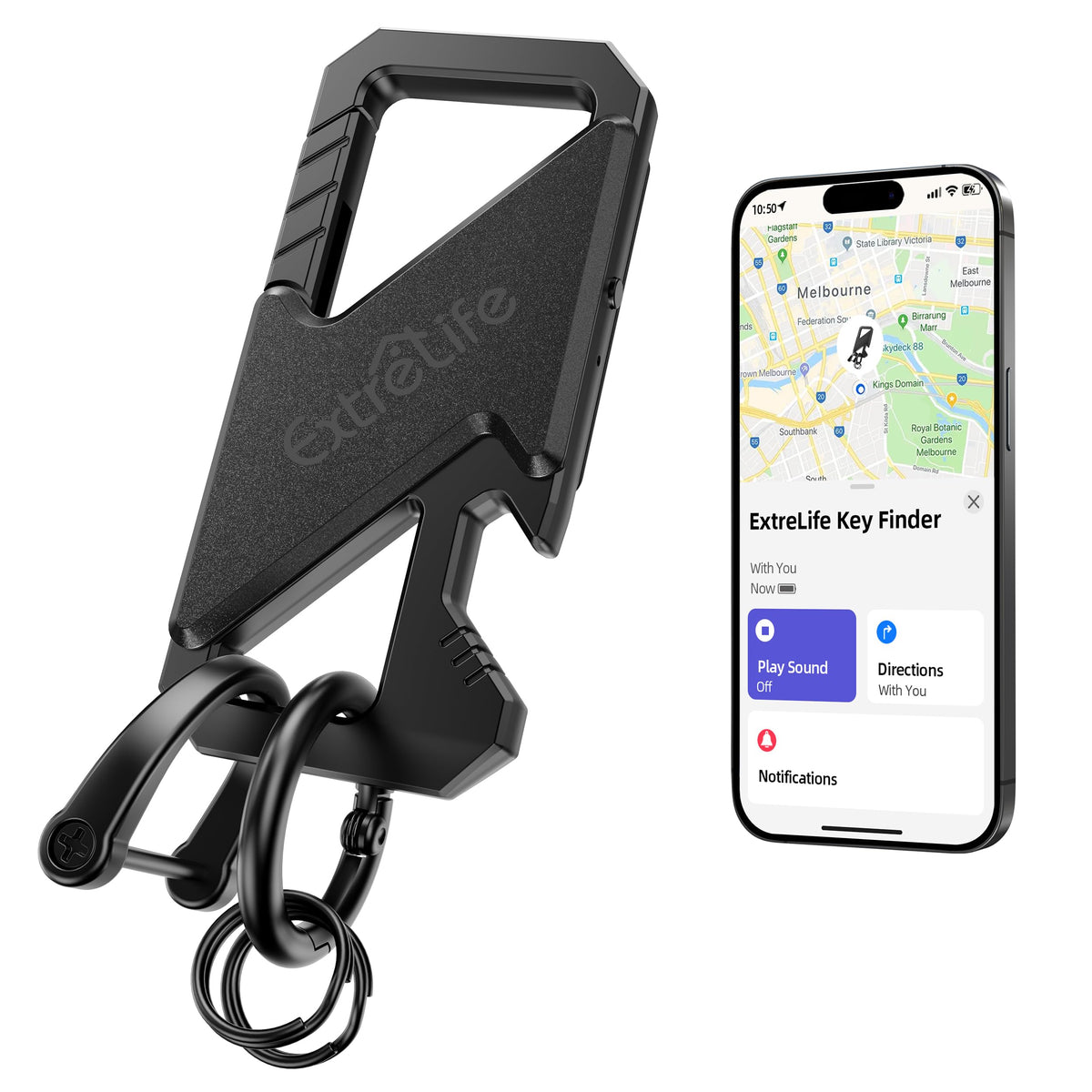 ExtreLife keychain front view showing robust design and tracker benefit