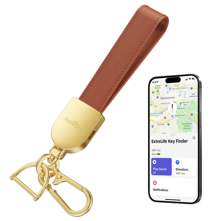ExtreLife keychain front view showing elegant leather and hardware benefit quick identification