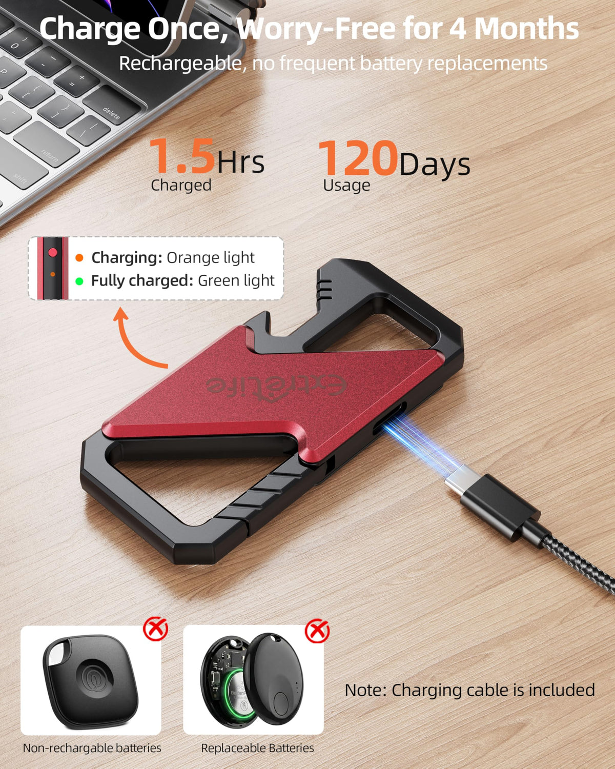 ExtreLife keychain charging via USB-C with LED indicator for easy battery monitoring