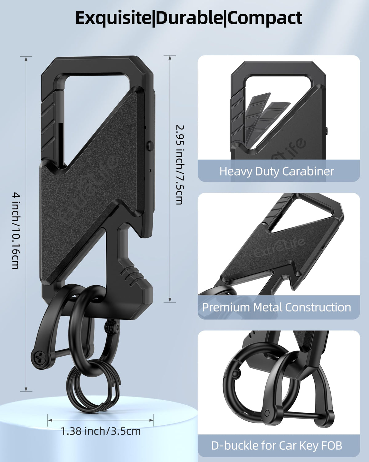 ExtreLife keychain beside keys illustrating compact size and portability