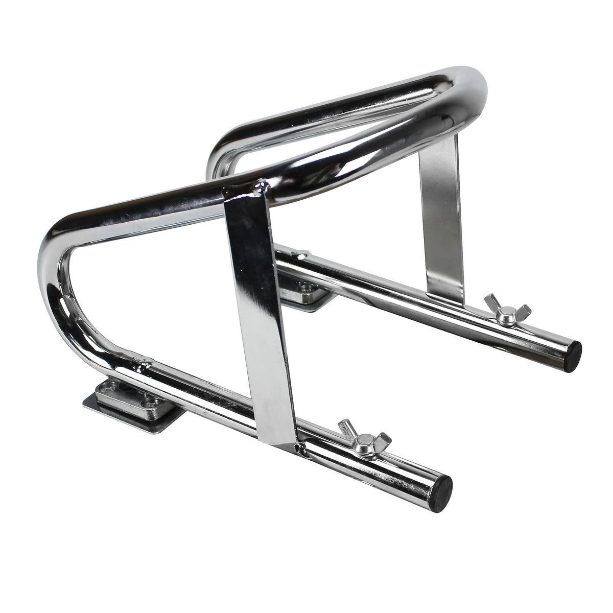 Extreme Max chrome chock in use on trailer with motorcycle wheel secured for safer transport
