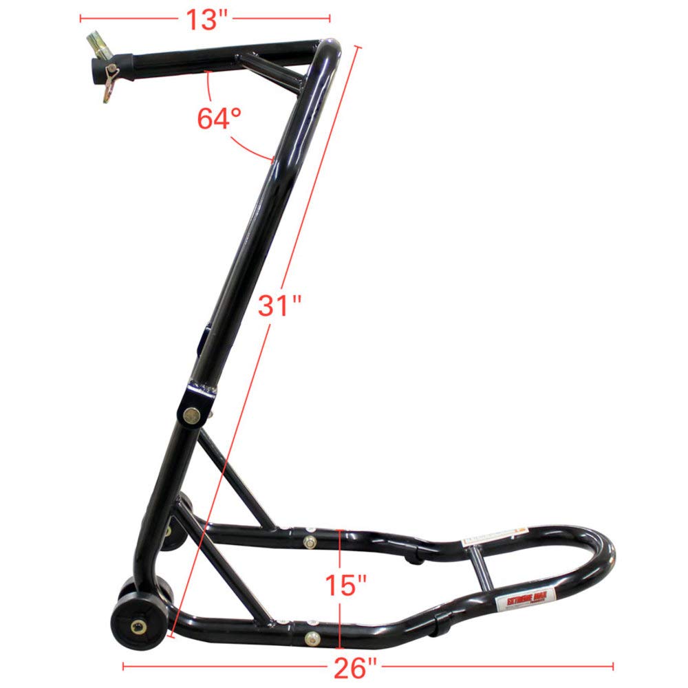 Extreme Max rear spool stand side view supporting swing arm for maintenance