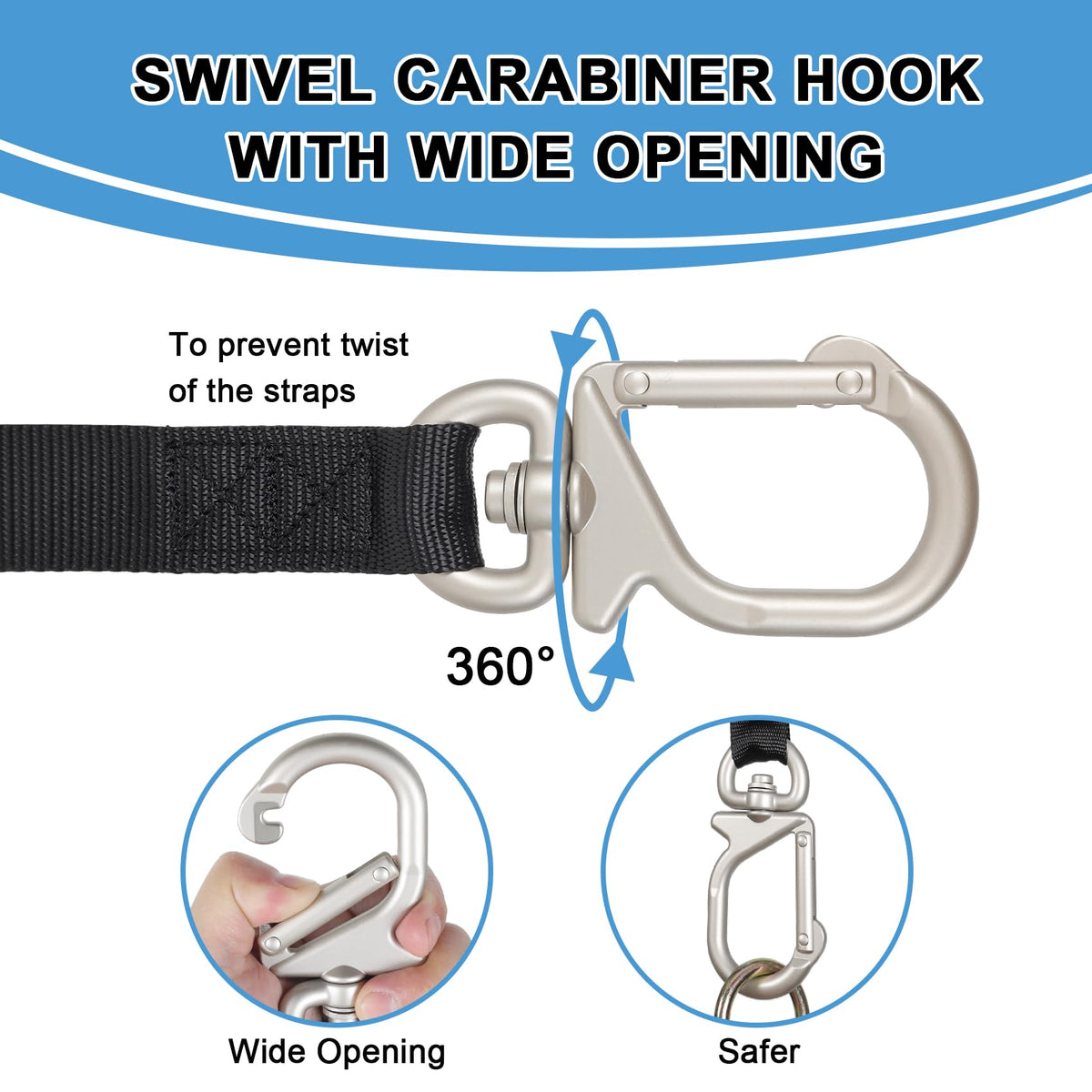 EXVITAL swivel carabiner close-up showing 360° rotation to prevent twisting