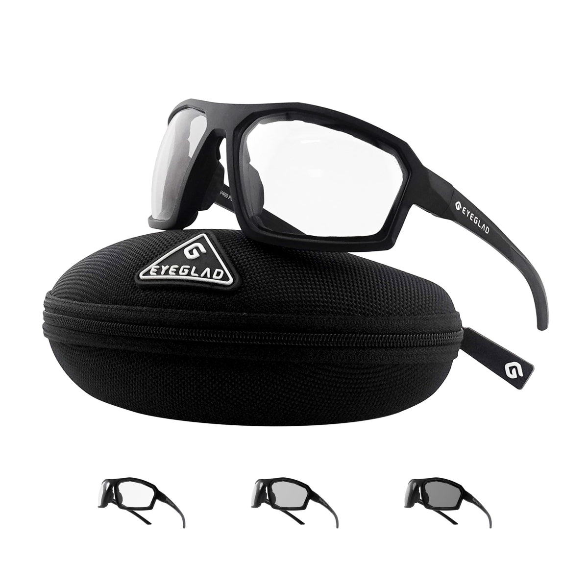 EYEGLAD REV front view crystal black showing full coverage and secure fit benefit