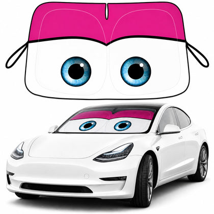 eygeufg front view on Tesla Model Y showing pink eyes design and sun protection