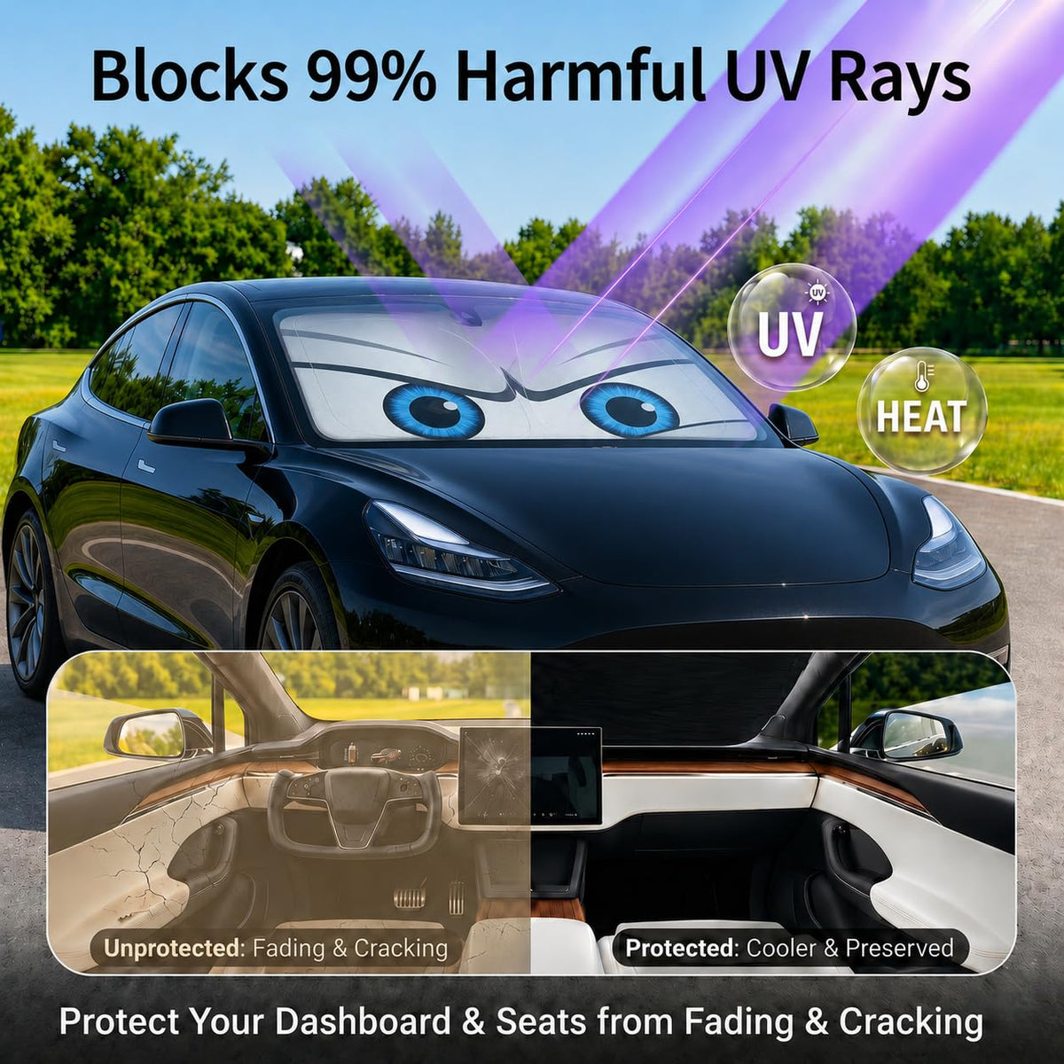 eygeufg installed in Tesla Model 3 blocking sunlight and keeping cabin cooler