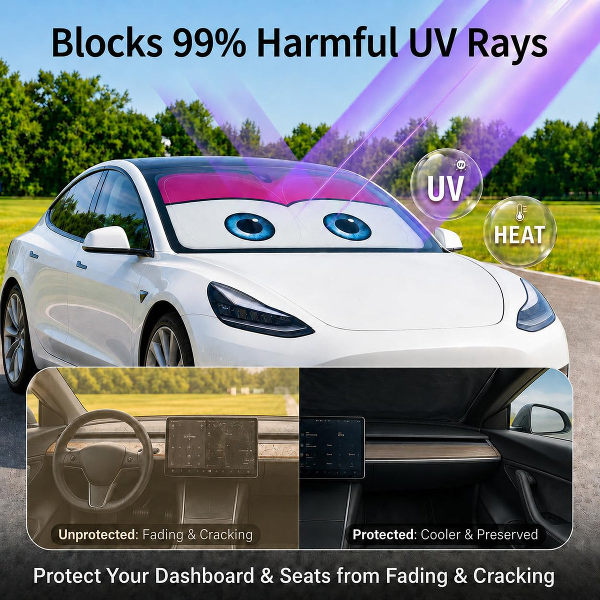 eygeufg installed inside Tesla windshield demonstrating full coverage benefit