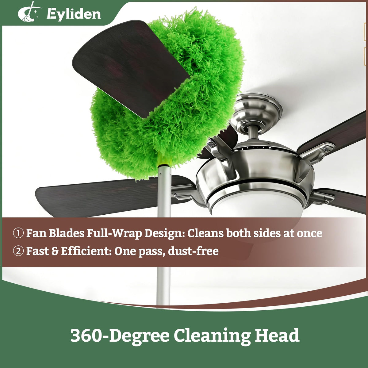 Eyliden angled head wrapped around a fan blade demonstrating simultaneous two-sided cleaning