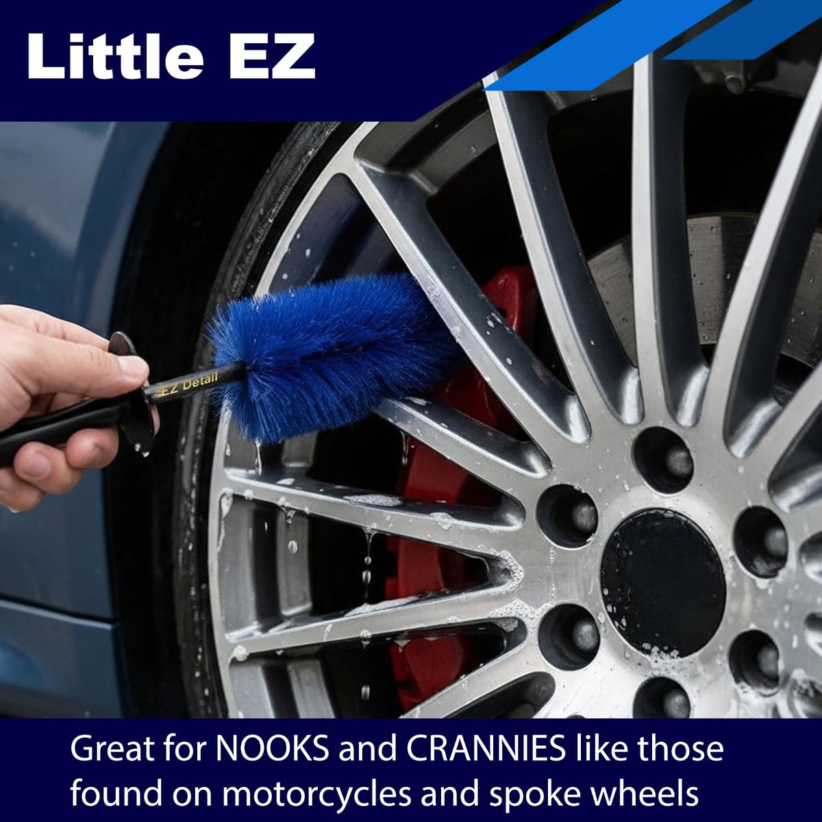 EZ Detail brush little in use on wheel spokes for precise grime removal