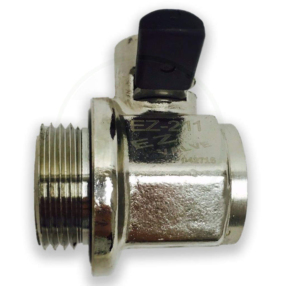 EZ Oil Drain Valve front view showing silver body and knob for fast clean draining