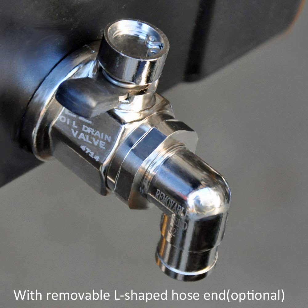 EZ Oil Drain Valve removable L-shape hose end close-up showing spill control