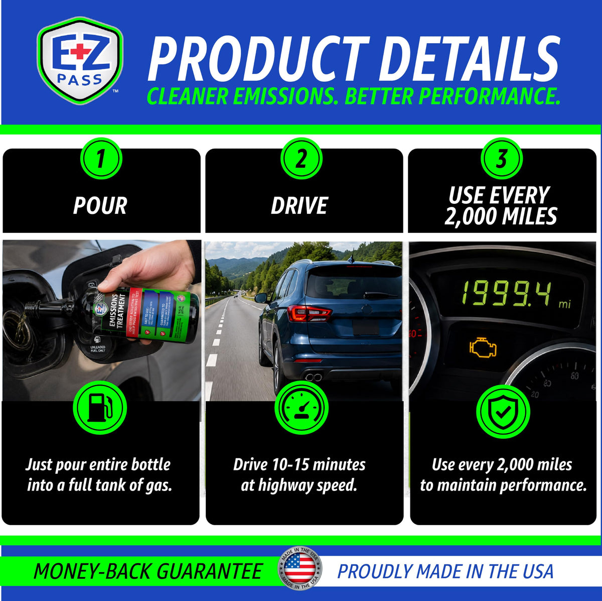 EZ PASS bottle in car cup holder with highway background suggesting smog-test prep