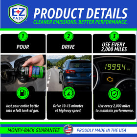EZ PASS bottle in car cup holder with highway background suggesting smog-test prep
