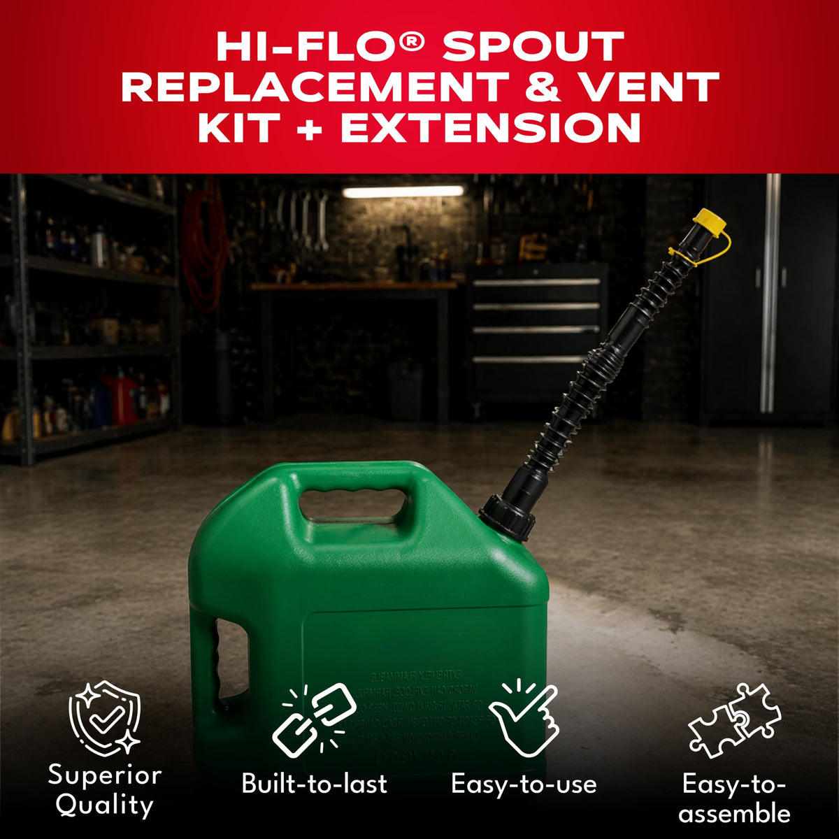EZ-POUR close-up of the HI-FLO spout tip showing flexible material and flow control