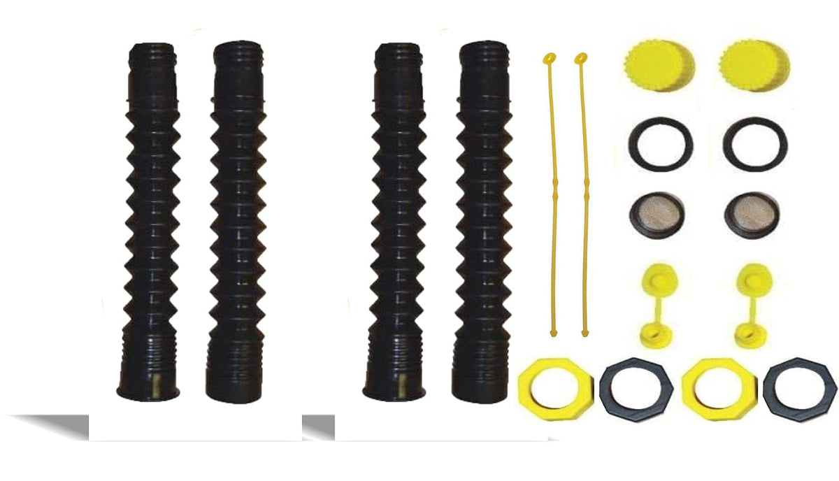 EZ-POUR front packaging showing two HI-FLO spouts and caps for quick setup