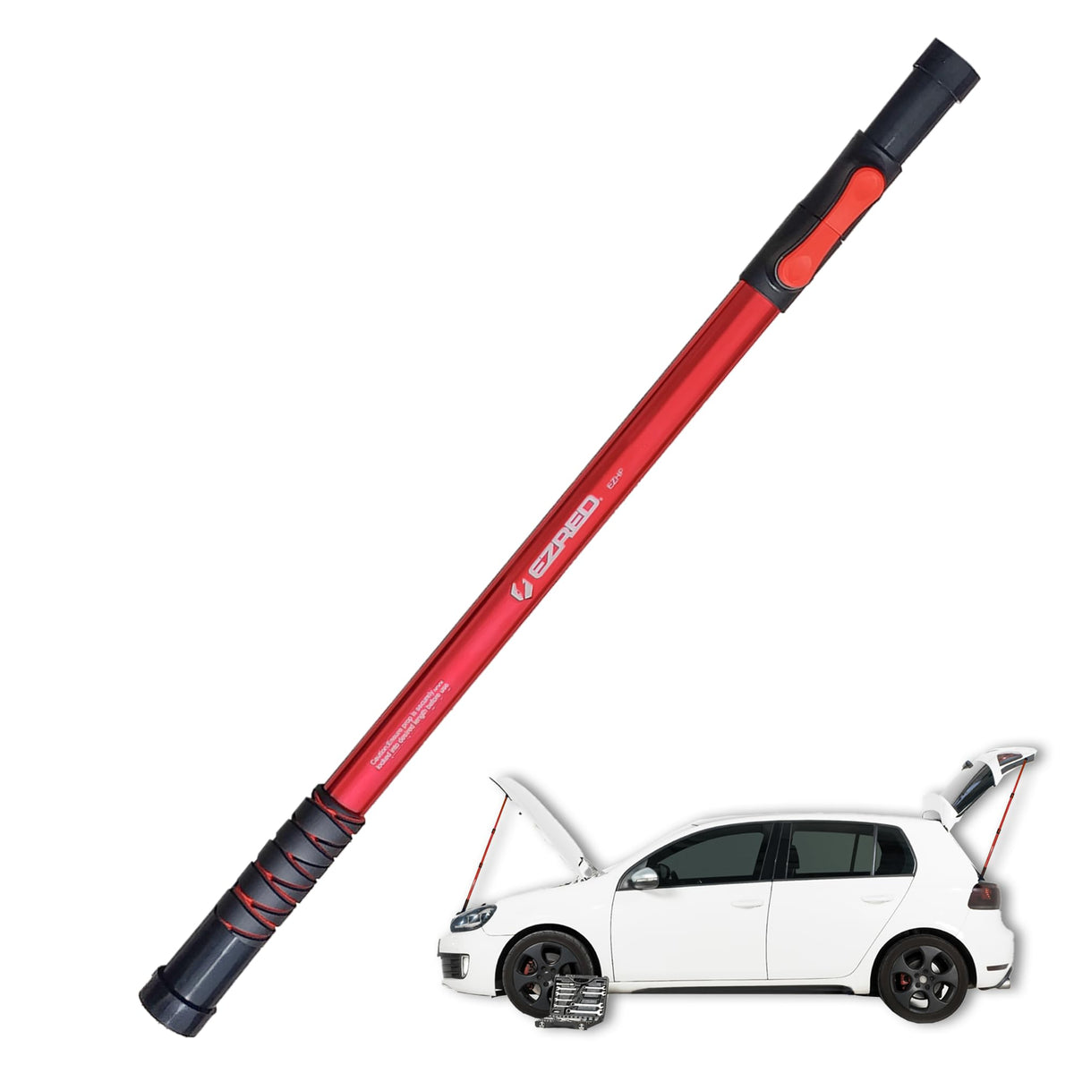 EZRED front view showing red prop and compact storage benefit
