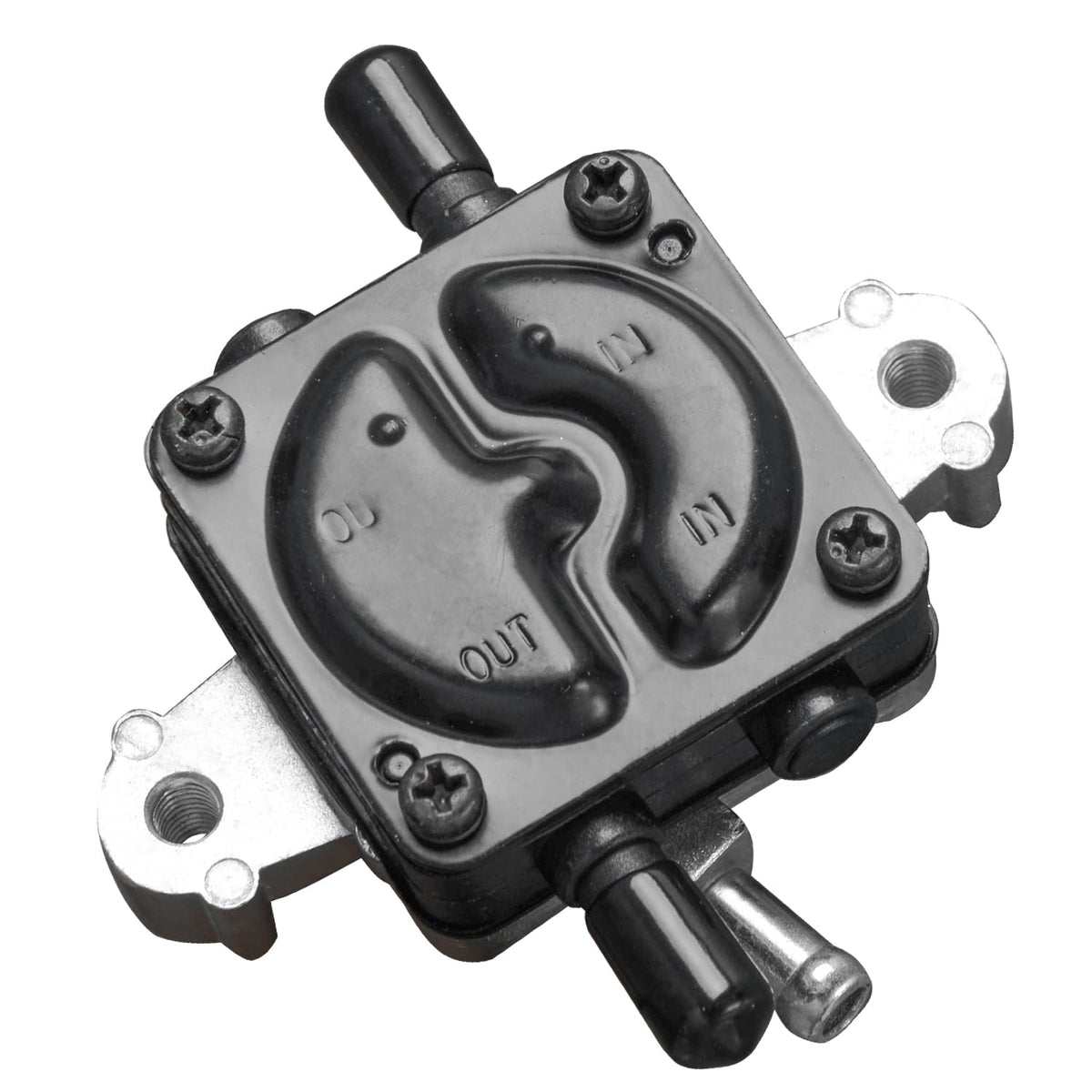EZAPEX fuel pump front view showing inlet/outlet and mounting for easy replacement