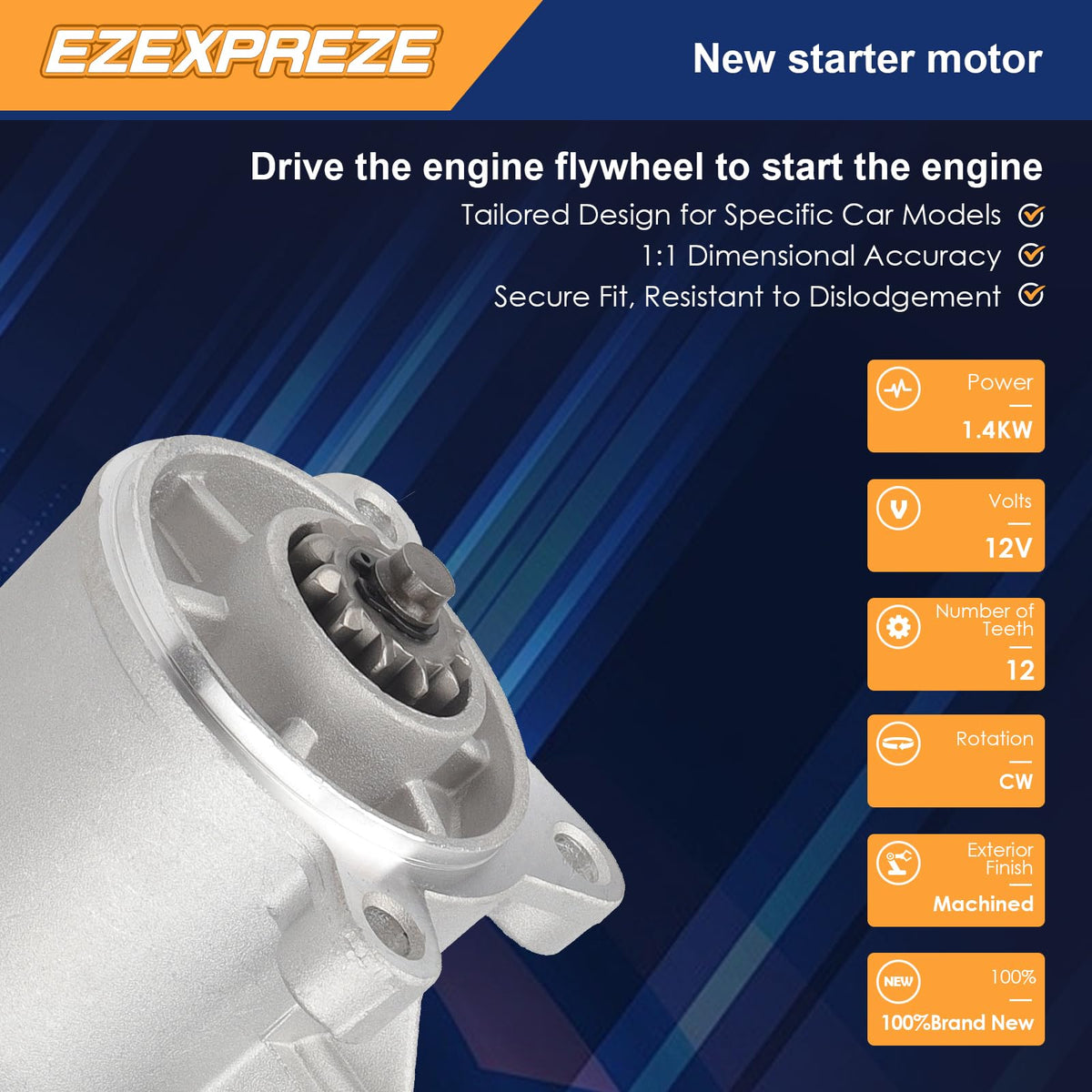 EZEXPREZE starter pinion gear detail illustrating 12-tooth engagement benefit