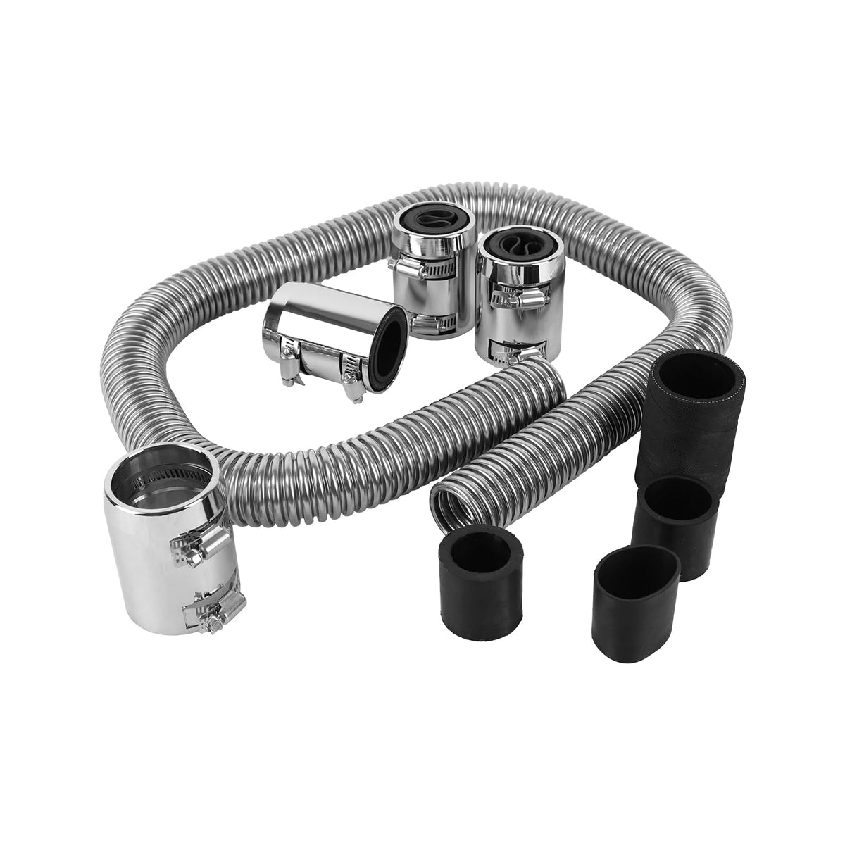 EZPROIT front view of stainless hose kit showing components and benefit of complete fitment