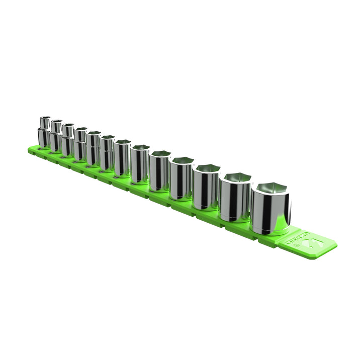 EZRED green rail front view showing neat socket organization and quick access