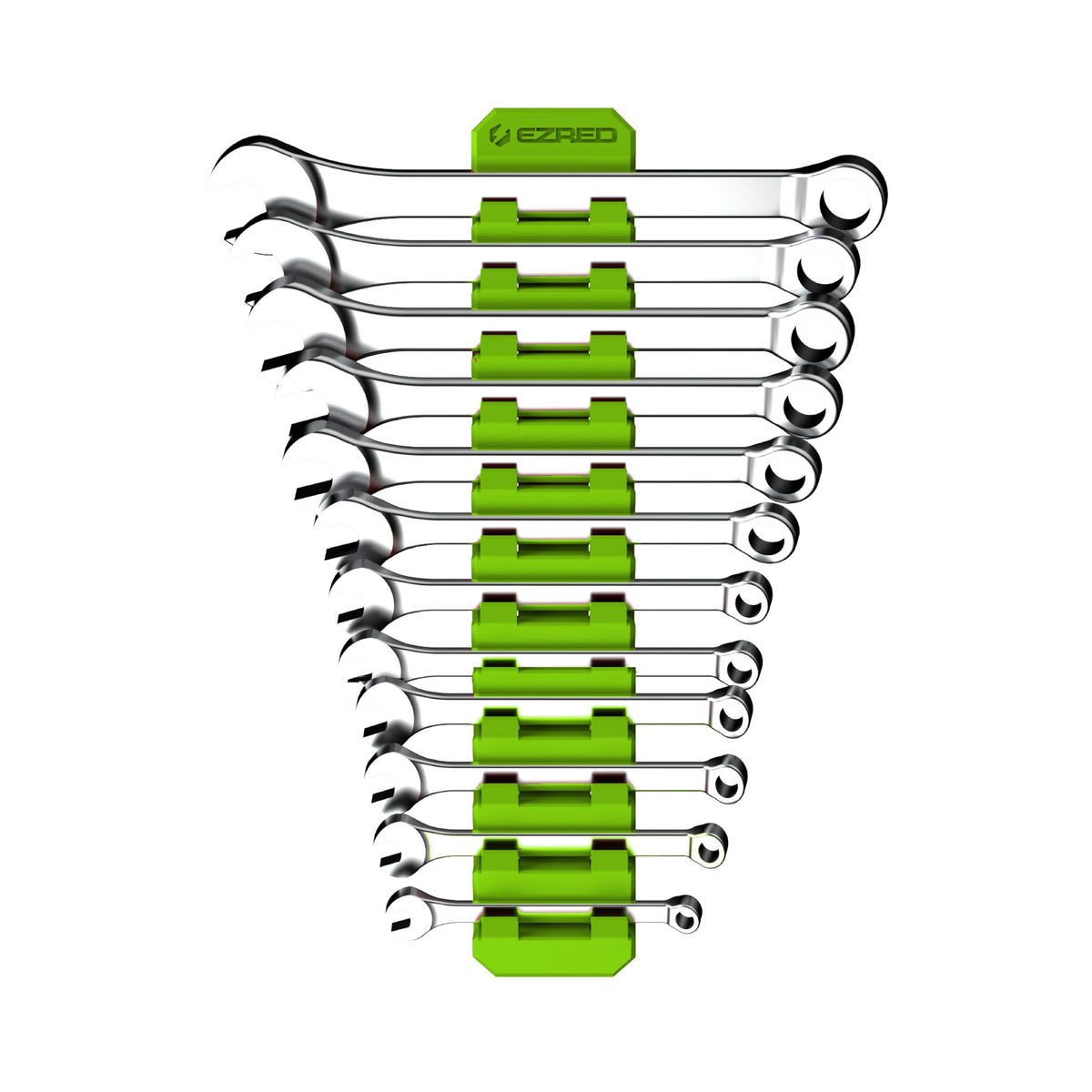 ezred front view of wrench rack showing 12 organized slots and slim profile benefit