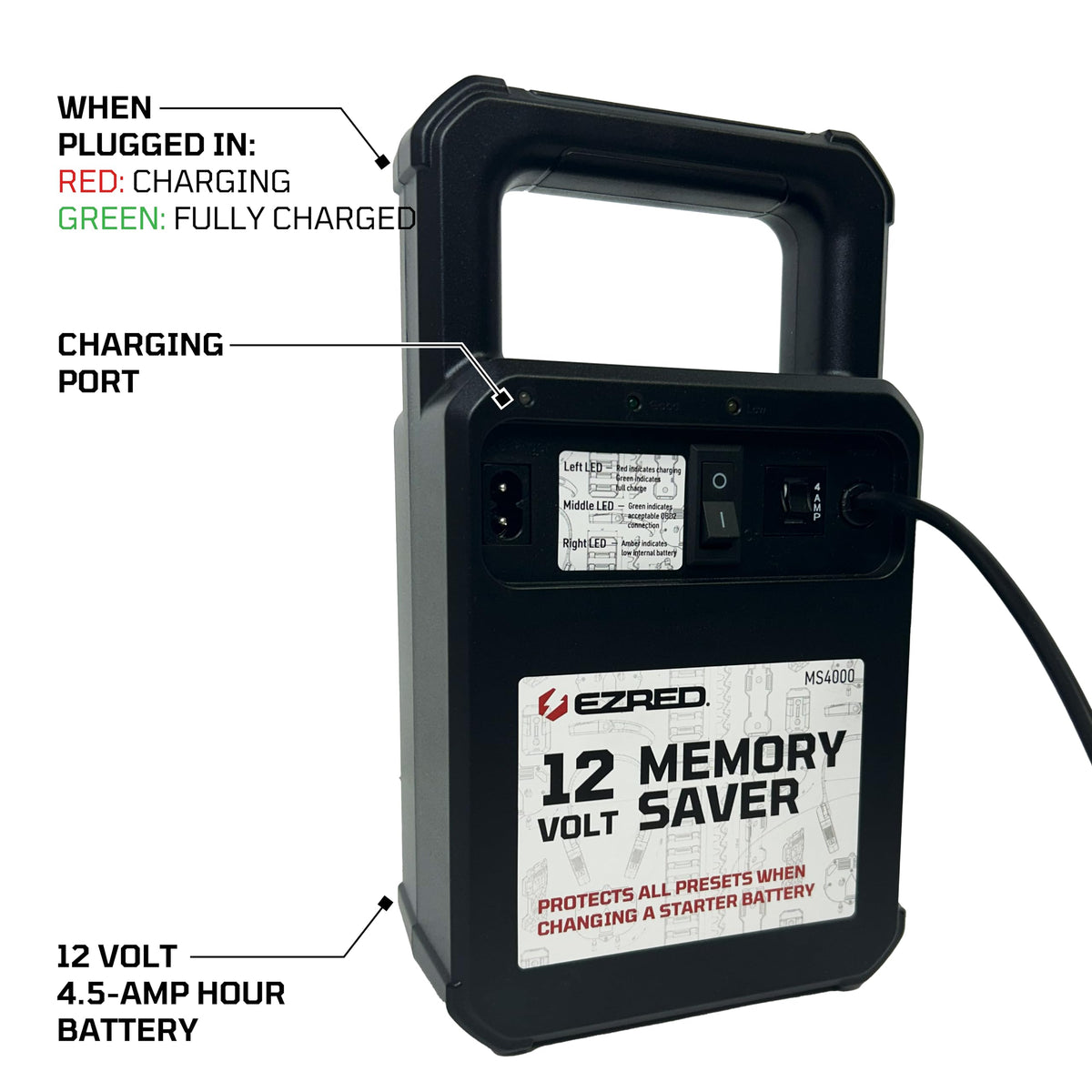 EZRED MS4000 connected in a car, keeping dash and radio settings intact while swapping battery