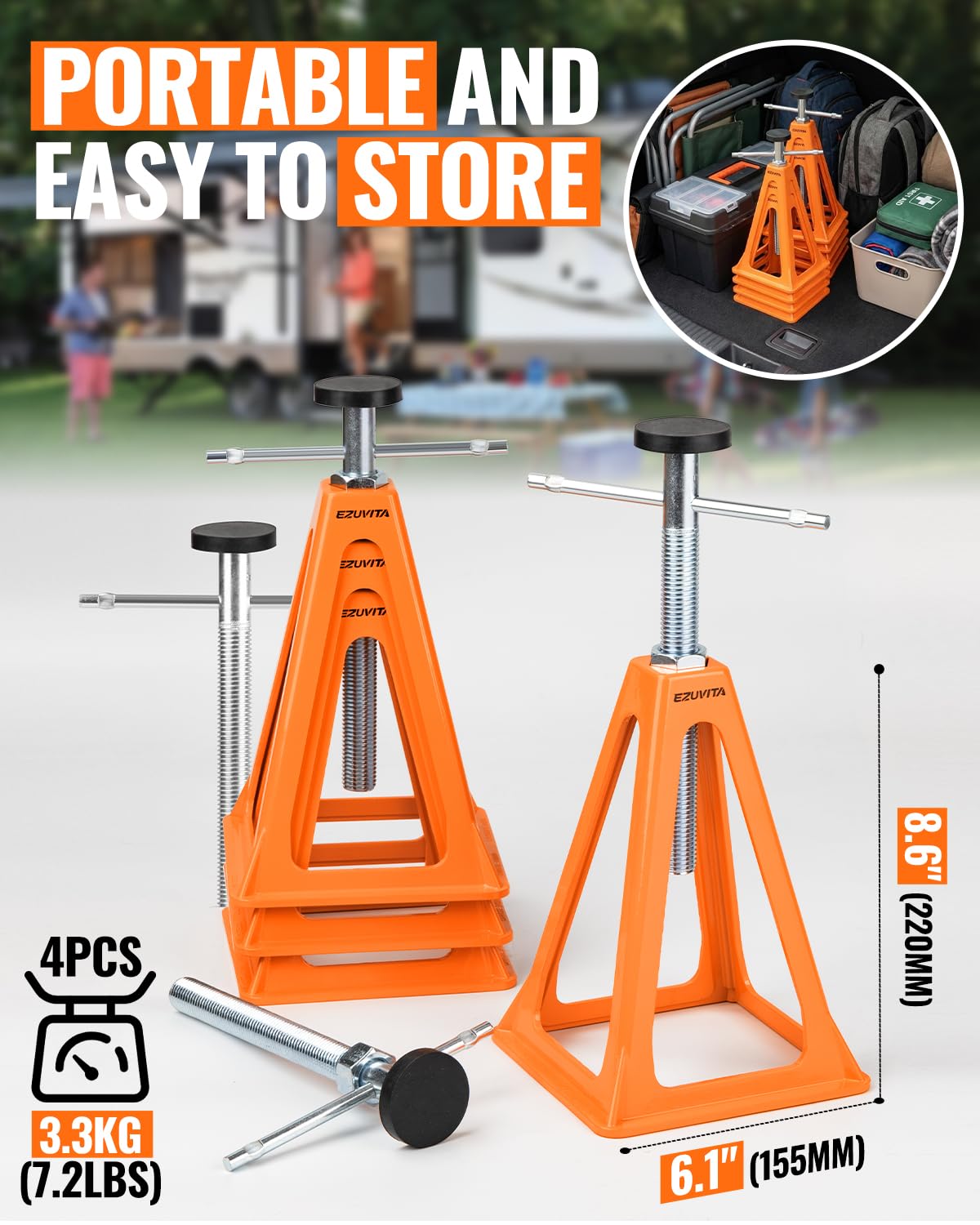 EZUVITA jacks deployed under trailer at campsite showing steadier, wobble-free support
