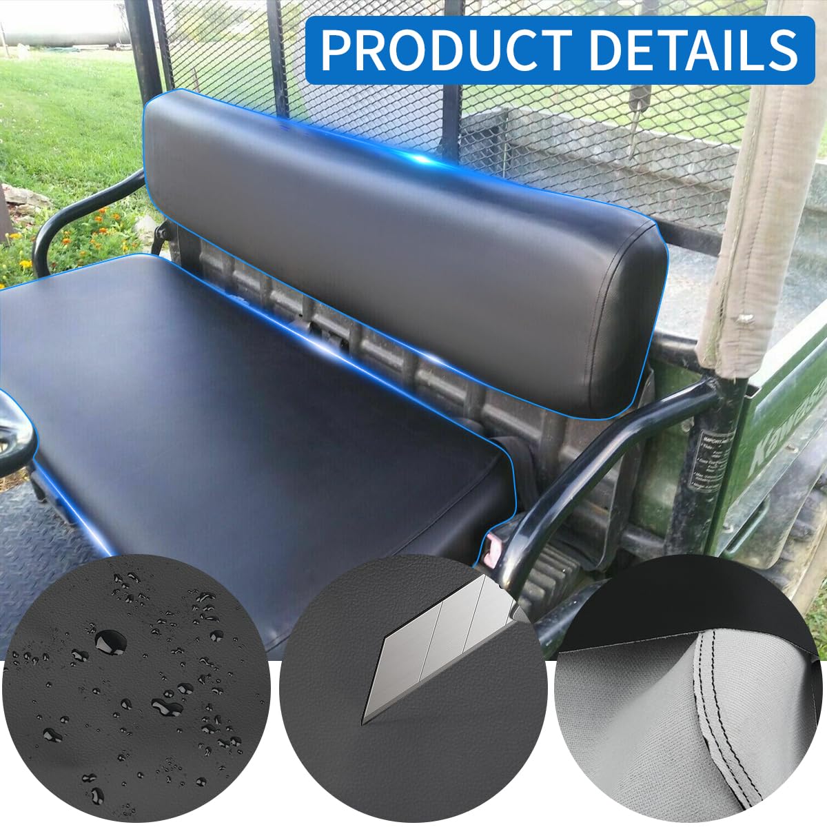 F FINEC seat cover installed on a Kawasaki Mule showing snug original fit