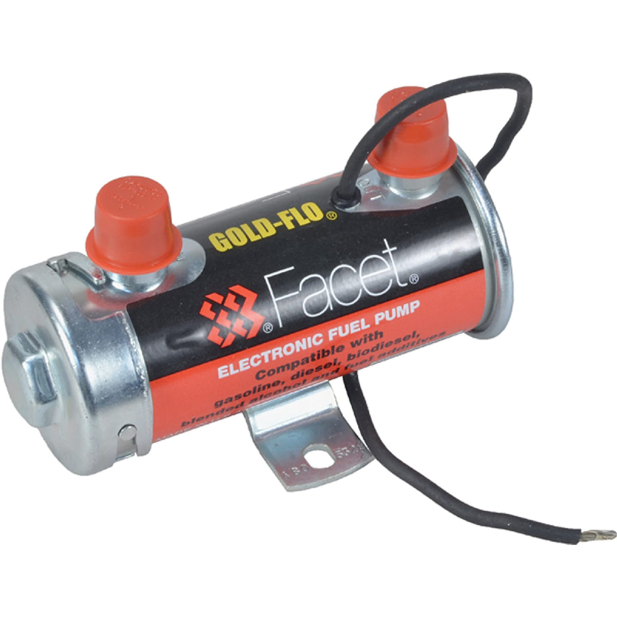 Facet-Purolator red top front view showing compact pump and port locations for easy installation
